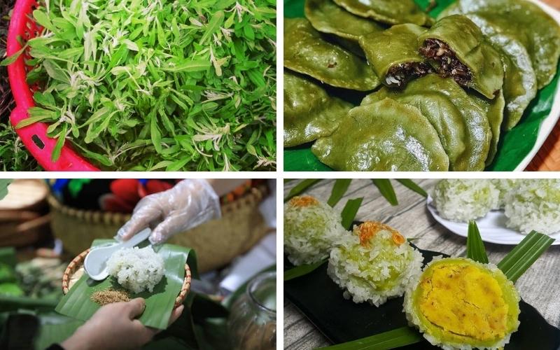 Spécialités culinaires traditionnelles de Bắc Giang : panier de feuilles fraîches de giảo cổ lam, gâteaux verts farcis (bánh khúc), préparation de riz gluant parfumé servi sur feuille de bananier et variétés de xôi (riz gluant coloré) joliment présentées