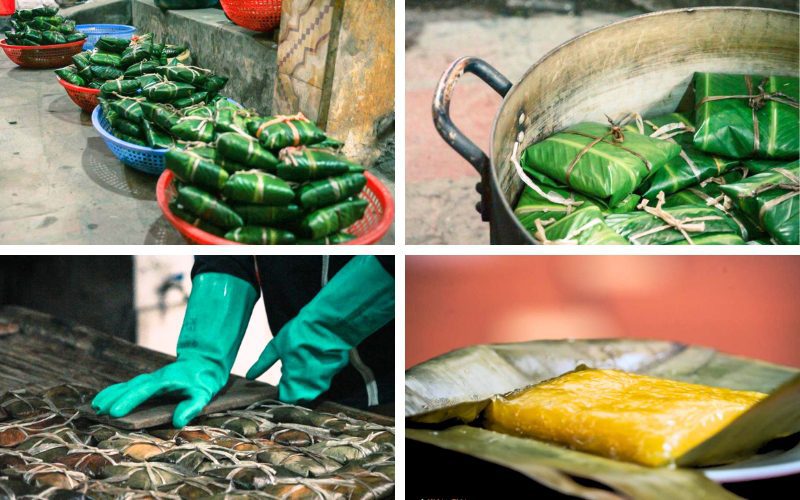 Préparation traditionnelle du bánh chưng et du bánh tét au Vietnam : paquets de riz gluant enveloppés de feuilles vertes, bouillis dans de grandes marmites, puis présentés déballés révélant leur texture dorée appétissante