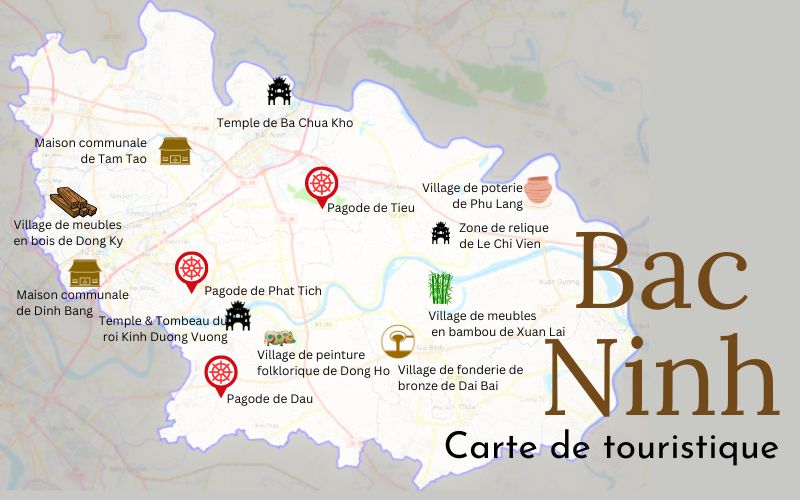Carte touristique de la province de Bắc Ninh au Vietnam, indiquant les principaux sites culturels et artisanaux