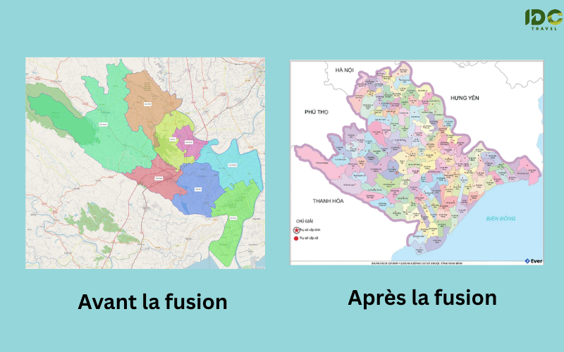 Carte comparative montrant la province de Ninh Binh avant la fusion (à gauche) et le territoire élargi après la fusion avec Nam Dinh et Ha Nam (à droite)