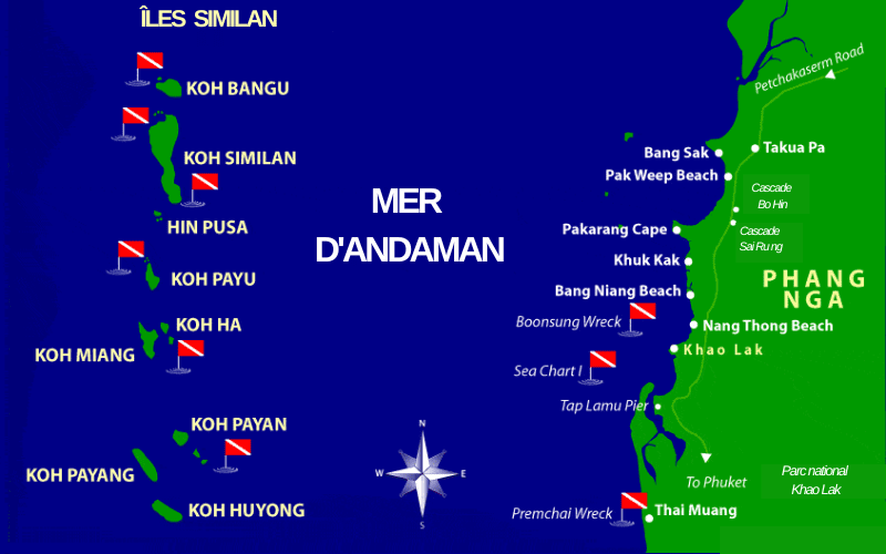 L'image montre une carte de la mer d'Andaman, mettant en évidence les îles Similan et la côte de Phang Nga en Thaïlande.