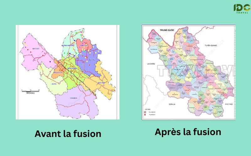 Carte comparant les provinces du nord du Vietnam avant et après la fusion administrative : à gauche, les anciennes provinces séparées en différentes couleurs ; à droite, la nouvelle province unifiée regroupant l’ensemble des territoires