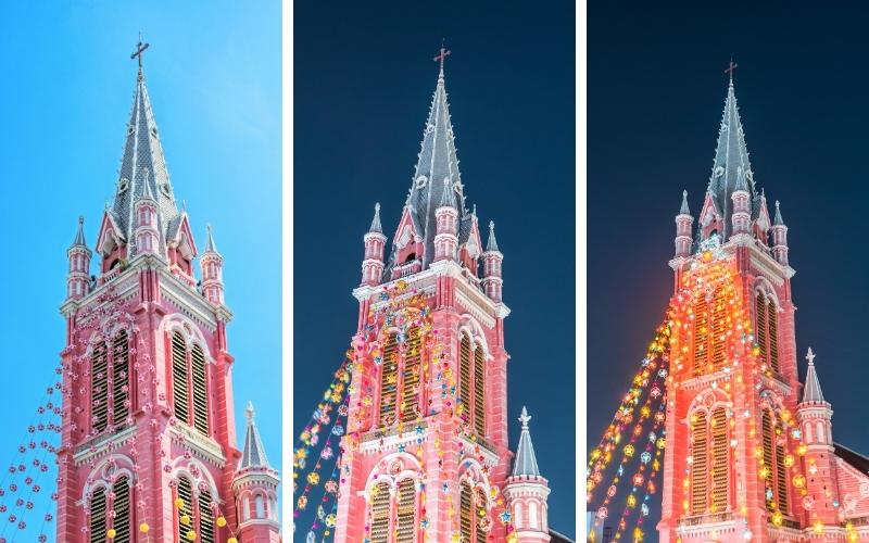 Clocher de l'église Tan Dinh à 3 moments différents de la journée