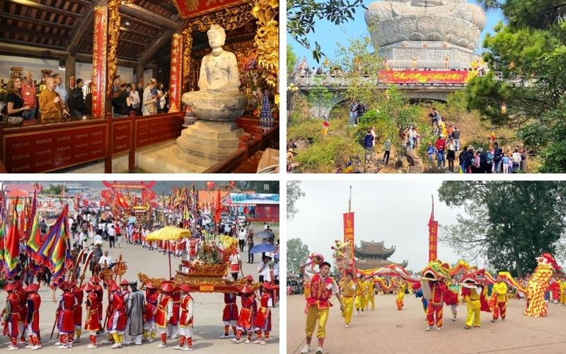 Scènes de festivités traditionnelles à Bắc Ninh : pèlerinages dans les pagodes, procession colorée avec drapeaux et offrandes, danses du dragon et rassemblements de fidèles lors des fêtes printanières