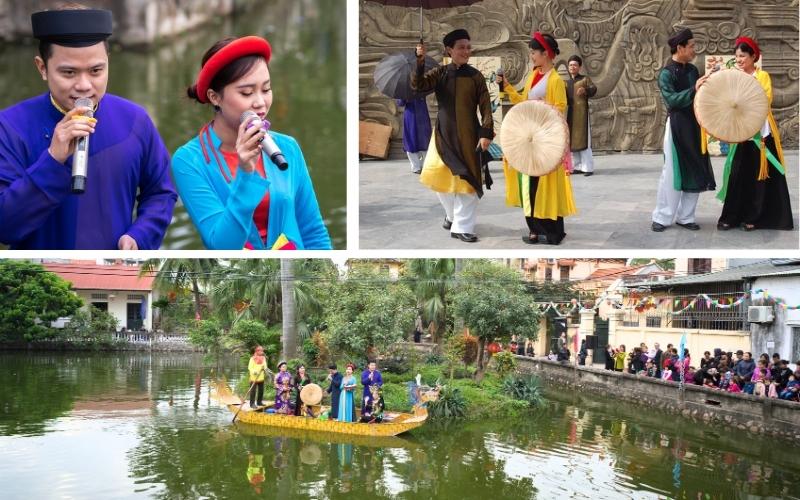 Spectacle de Quan họ à Bắc Ninh : chanteurs et chanteuses en costumes traditionnels interprétant des chansons folkloriques, certains sur scène, d’autres sur une barque au milieu d’un étang devant un public
