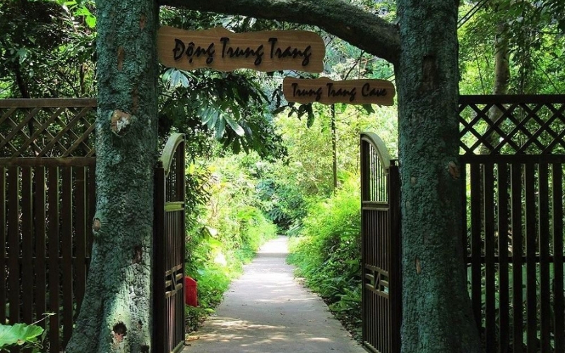 Entrée de la grotte de Trung Trang sur l’île de Cát Bà, avec un portail en bois entouré d’une végétation tropicale luxuriante et un sentier menant vers la forêt.