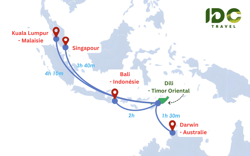 La carte illustre les vols vers le Timor oriental