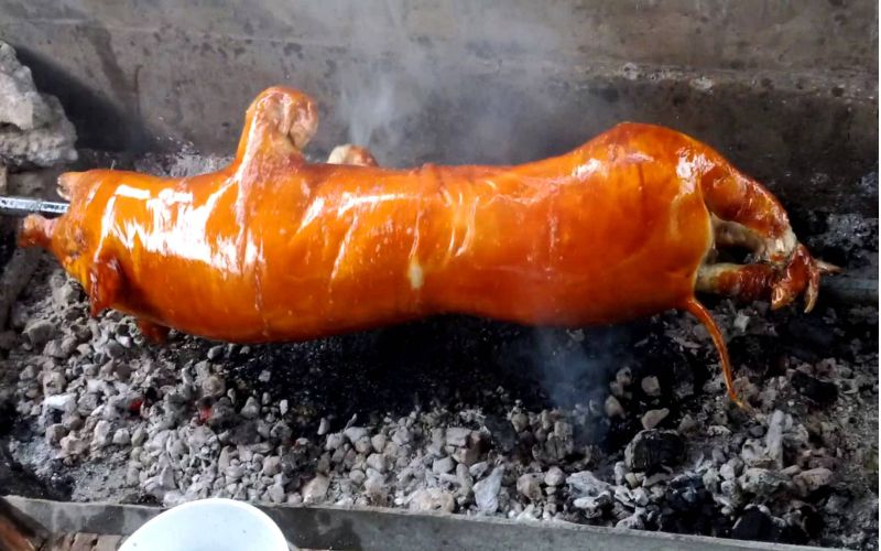 Cochon entier rôti à la broche sur des braises ardentes, spécialité culinaire traditionnelle des montagnes de Sapa, à la peau dorée et croustillante