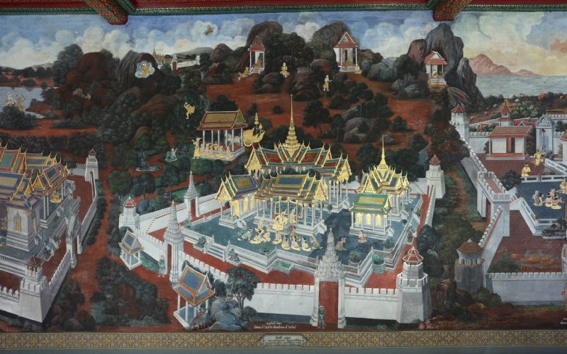 Peinture murale représentant des scènes de Ramakien