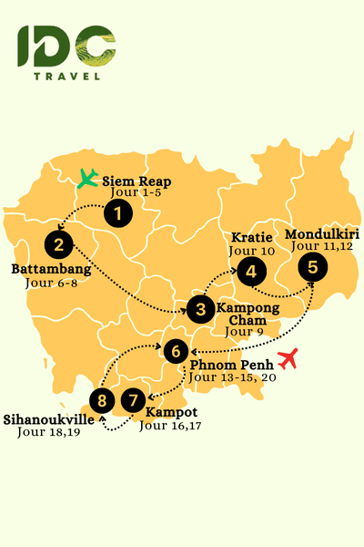 Itinéraire Cambodge 20 jours avec des étapes principales: Siem Reap, Battambang, Kampong Cham, Kratie, Mondulkiri, Phnom Penh, Kampot, Sihanoukville