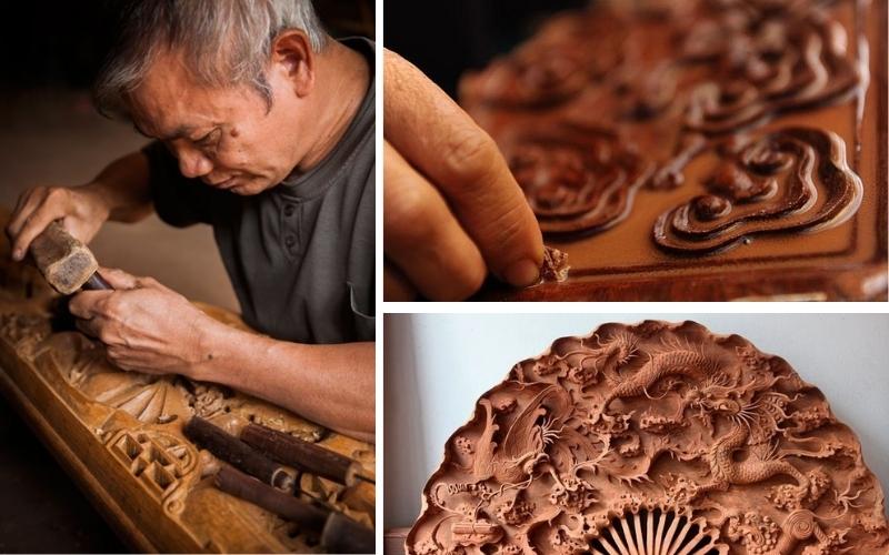 Artisan du village de Đồng Kỵ à Bắc Ninh sculptant minutieusement le bois, avec gros plan sur les détails des motifs et présentation d’une œuvre finie représentant un éventail décoré de dragons
